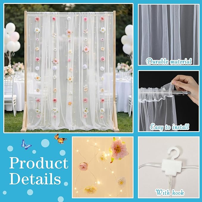 8 Pcs Hanging Flower Garlands White Tulle Backdrop Curtain 10×8ft Sheer Backdrop Curtains Artificial Rose Flowers Hanging Decorations for Birthday Valentines Engagement Wedding Anniversary