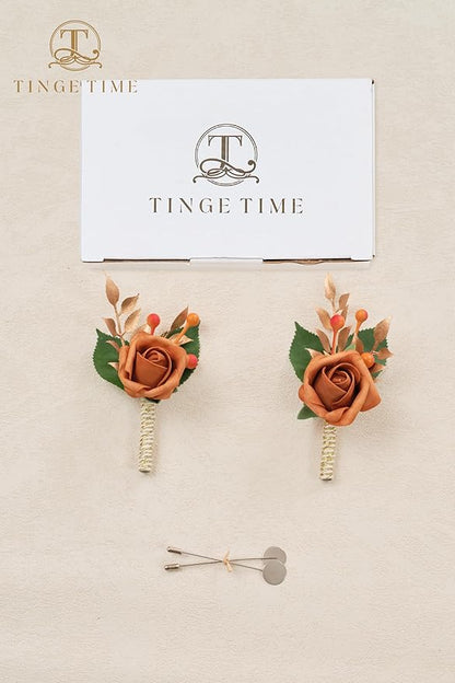 TINGE TIME Boutonniere for Men Wedding,Groom and Best Man Boutonniere for Wedding Ceremony Anniversary, Formal Dinner Party and Rustic Spring Wedding Marriage (2, BurntOrange)