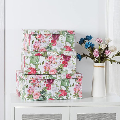 Soul & Lane Decorative Cardboard Storage Boxes with Lids for Home Decor and Organization, Set of 3 Large Keepsake Boxes for Memories & Gifts, Nesting Floral Photo Storage Containers, Rose Romance