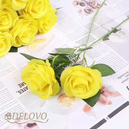 52pcs Yellow Roses Artificial Flowers Fake Flowers Silk Roses with Stems for DIY Wedding Bouquets Bridal Shower Centerpieces Arrangements Party Decorations