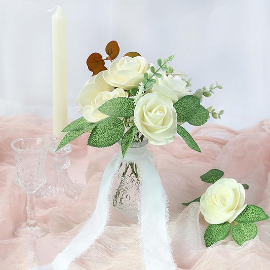 Meldel Artificial Flower 25pcs Real Touch Beige Rose Fake Foam Roses with Stems for DIY Wedding Bouquets Gifts Bridal Shower Faux Floral Centerpieces Arrangements Home Party Tables Decorations