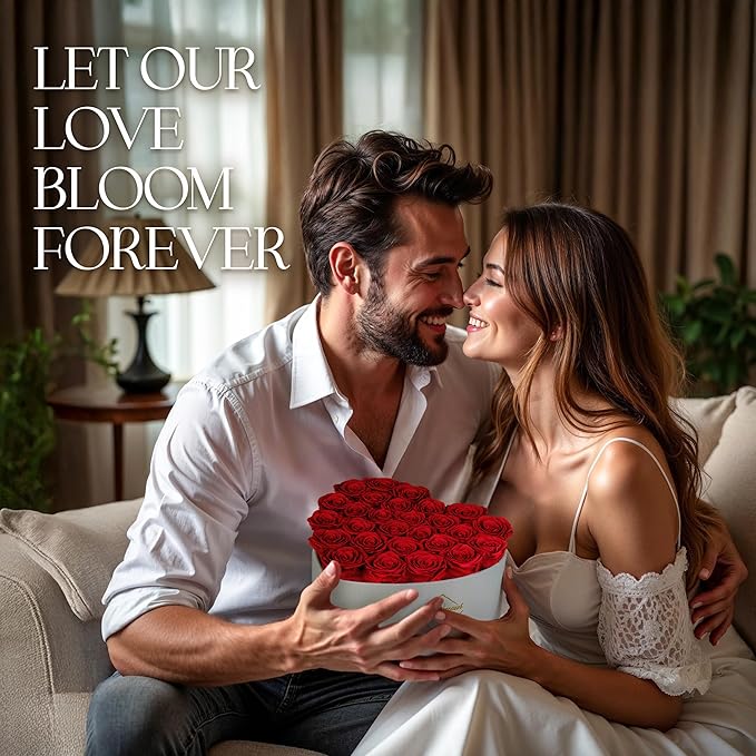 GLAMOUR BOUTIQUE Preserved Roses in a Box - Gifts for Her, Wife & Mom, Rose Flowers Forever Decor for Birthday Gift, Get Well Flower Bouquet Cased in White Box with Cover - Red - 27-Piece