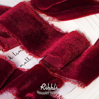 Ribbli Burgundy Velvet Ribbon 1.5 Inch Handmade Frayed Vintage Christmas Ribbon for Gift Wrapping Christmas Tree Ornament Wreath Craft Home Decor -3 Yards