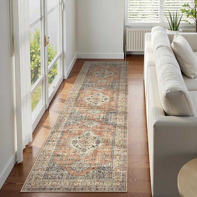 Lahome Oriental Washable Runner Rug Non Slip, 2x7 Rug Runners for Hallways Non Slip Vintage Ultra-Thin Soft Long Carpet for Kitchen Laundry Room Bedroom, Peach/Orange