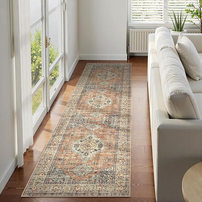 Lahome Oriental Washable Runner Rug Non Slip, 2x7 Rug Runners for Hallways Non Slip Vintage Ultra-Thin Soft Long Carpet for Kitchen Laundry Room Bedroom, Peach/Orange