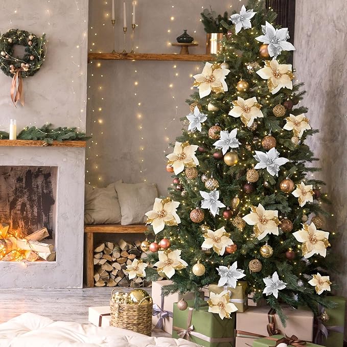 WILLBOND 36 Pieces Christmas Poinsettia Glitter Faux Flowers Christmas Artificial Flowers Tree Ornaments Topper Xmas Decorations (Gold, Silver)