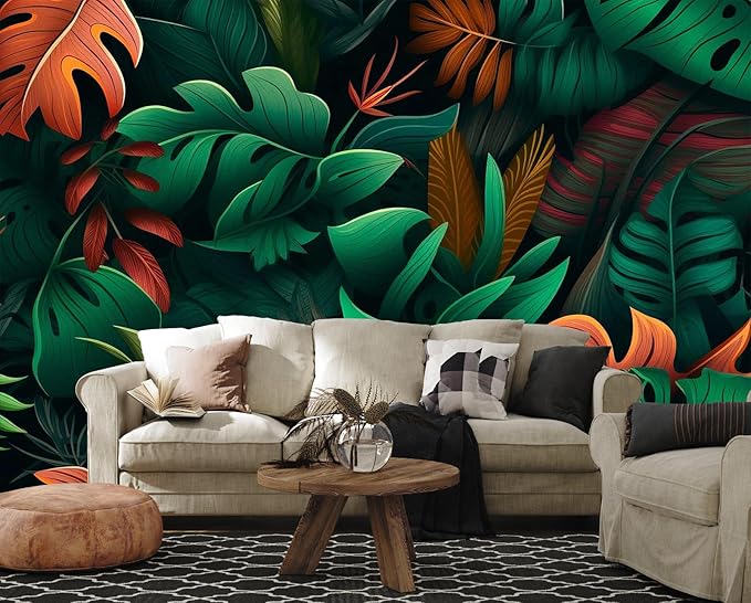 Colorful Tropical Flowers and Leaves Seamless Pattern Mural, Fresh and Unique Background Wall Decorations（Non-self-Adhesive）
