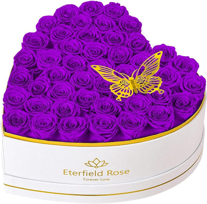Eterfield 47 Forever Flowers in Heart Shape Box, Preserved Roses That Last a Year Preserved Flowers Birthday Gifts for Her Mom Women Wife Anniversary Valentines Day Mothers Day Christmas, Purple
