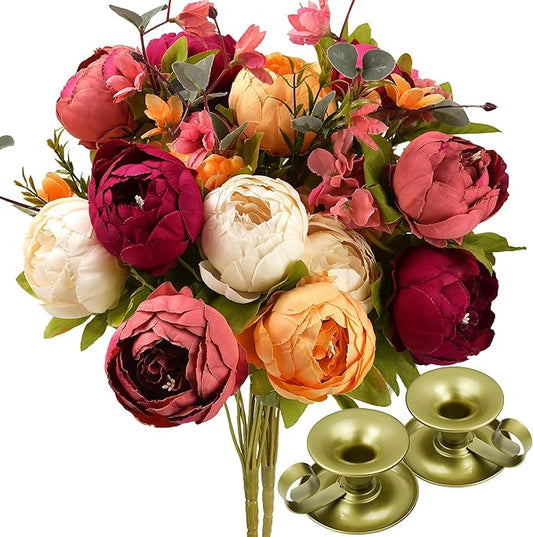 Barley White, Faded Orange & Pinkish Red Silk Peony and Hydrangea Bouquet with 2 Elegant Gold Taper Candle Holders – Luxurious Floral Arrangement for Weddings & Home Decor (Sunset Whisper)