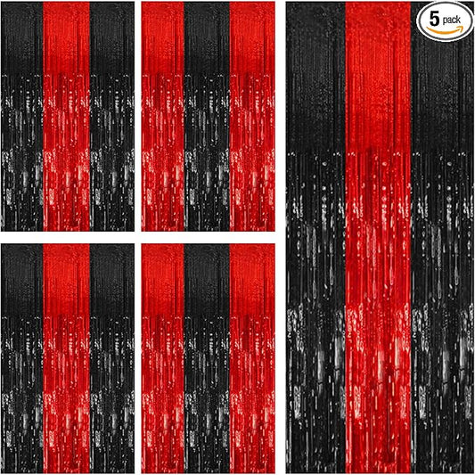 5 Pack Black and Red Party Backdrop Streamers Decorations Foil Fringe Curtains Metallic Tinsel Backdrop for Birthday Halloween Christmas New Year Fancy Ball Graduation Party Decor