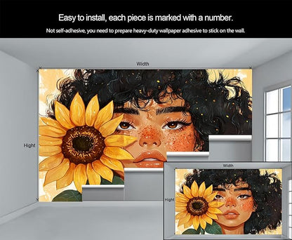 KIREUPA Sunflower Woman Art Wall Mural, Curly Hair Girl with Sunflower 3d Wall Murals, Modern Portrait and Flower Wallpaper Mural, for Living Room Bedroom Large Wallpaper Indoor Decor 197" W x124.8 H
