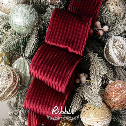 Ribbli Glossy Dark Red Velvet Wired Ribbon 4 Inch Striped Velvet Christmas Ribbon for Gift Wrapping Christmas Tree Decoration Crafts Wreaths Supplies-Continuous 10 Yards
