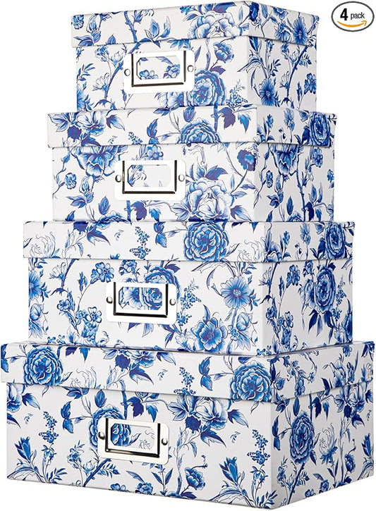 Briful Blue and White Porcelain Storage Boxes with Lids, Set of 4 – Chinoiserie Decorative Nested Card Photo Storage Box Organizer, Paperboard Box for Closet, Office, Gifts