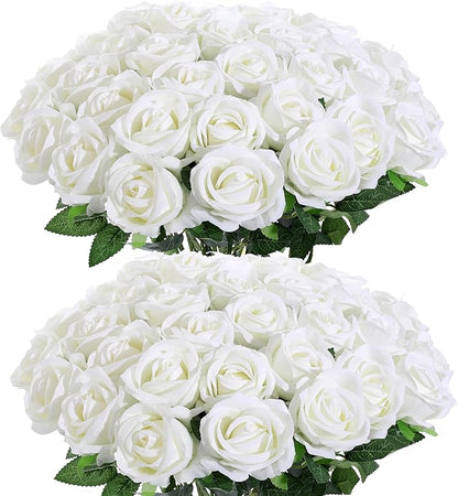 50Pcs White Roses Artificial Flowers Fake Roses Faux Velvet Silk Flower for Home Wedding Decoration (Pearl Rose, White)