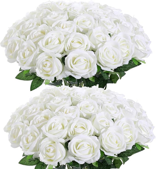 50Pcs White Roses Artificial Flowers Fake Roses Faux Velvet Silk Flower for Home Wedding Decoration (Pearl Rose, White)
