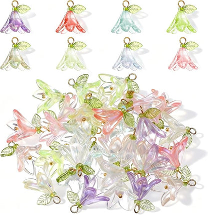 32PCS Lily Flower Charms for Jewelry Making, Multi Color Acrylic Floral Pendants, Plastic Dangle Flower Charms with Hanging Rings for Necklace Bracelet Earring DIY Crafts Decoration
