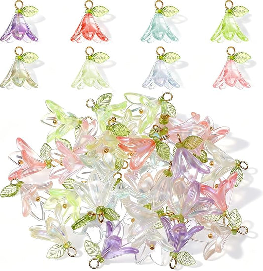 32PCS Lily Flower Charms for Jewelry Making, Multi Color Acrylic Floral Pendants, Plastic Dangle Flower Charms with Hanging Rings for Necklace Bracelet Earring DIY Crafts Decoration