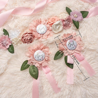 Baby Shower Maternity Sash Belly Belt-Pink Flower Sash Set Mom to Be & Dad to Be Corsage Pins for Gender Reveal
