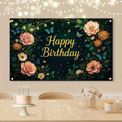 Greenery Birthday Backdrop Sage Green Floral Butterfly Banner String Lights Party Decorations Photography Background for Women Girls Birthday Supplies Photo Booth Prop 71 x 43 Inch