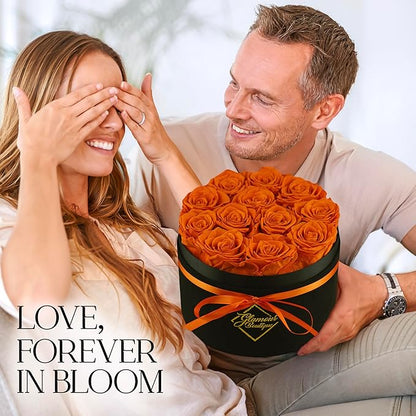 GLAMOUR BOUTIQUE Flowers Forever Gift Box 12 Real Preserved Roses in a Velvet Black Box, Birthday Rose Gift for Wife Mom and Her, Mothers Day, Anniversary, Graduation - Orange