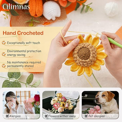 Cilimnas Crochet Flower Bouquet,Orange Knitted Flowers, Handmade Sunflowers Tulips Roses Bouquet for Birthday Anniversary Party Mother's Day Graduation Gifts