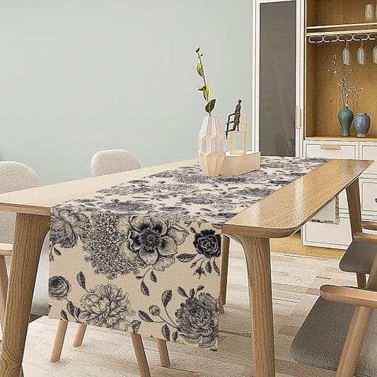 Black White Flower Table Runner,Vintage Wildflower Decor Table Runner for Home Kitchen Table Dining Indoor Outdoor Party Decor 13x60 Inch
