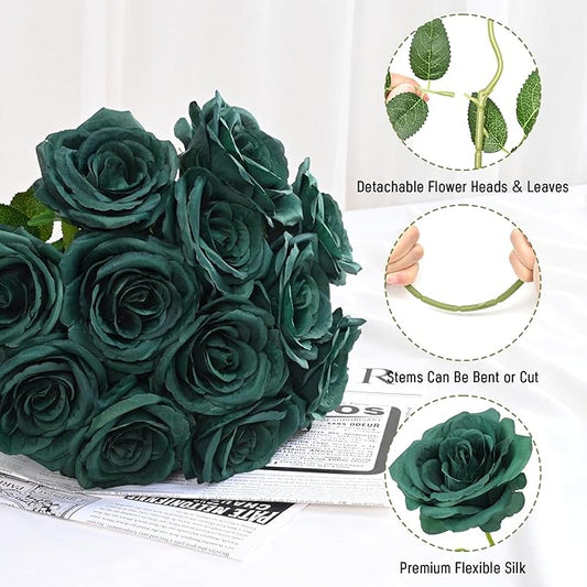 Waipfaru 16 Pcs St Patricks Day Roses, Long Stem Fake Roses Artificial Flowers, Silk Flowers for Valentines, Roses Bouquet Peacock Green Home Decor