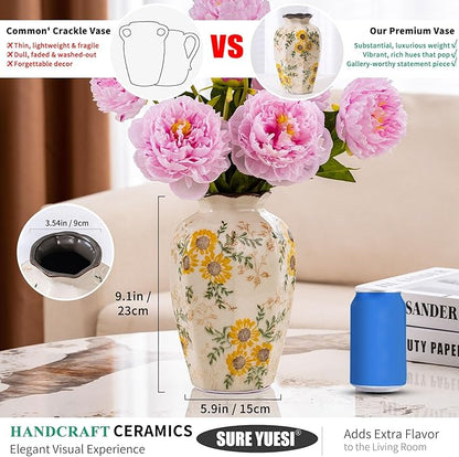 Hand-Painted Sunflower Vintage Ceramic Octagonal Vase, Green Yellow Beige Flower Vases for Bouquet, Fireplace Mantle, Table Centerpieces, Bookshelf, Office, Chinoiserie Floral Home Decorations 9.1 in