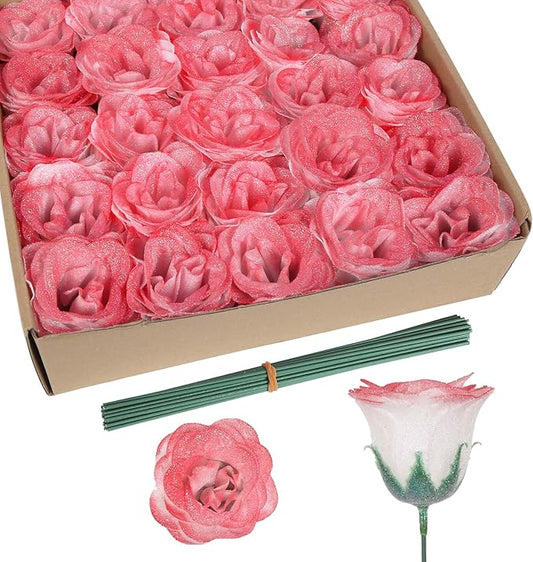 Glitter Roses Bouquet,30PCS Gradient Red Roses Fake Sparkling Flowers for Wedding Bouquet Party Christmas Home Decor(Gradient Red)