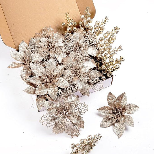 24Pcs Champagne Glitter Poinsettia Christmas Tree Ornaments and Glitter Berries Stems, 16Pcs Christmas Artificial Flowers and 8 Pack Christmas Tree Picks for Wedding Holiday Decorations
