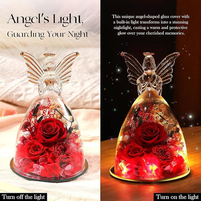 RoseValley Angel Roses Gifts for Mom,Preserved Real Flowers Roses in Glass Angel Figurines,Christmas Birthday Gifts for Grandma Women Mom Wife Mother in Law/Red