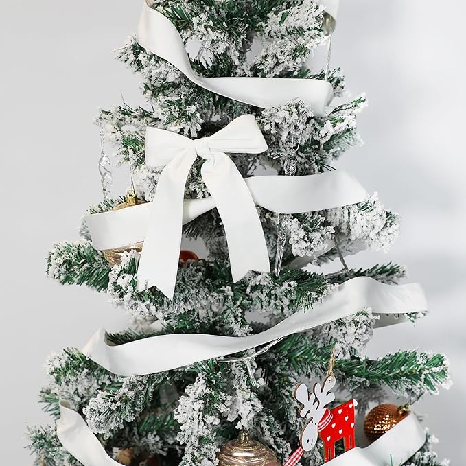 White Velvet Ribbon, 1-1/2 inch Wide Handmade Fabric Ribbons for Christmas Tree Decor, Flower Bouquet, Wedding Decoration, Baby Shower, 2 Rolls