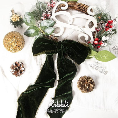 Ribbli Dark Moss Velvet Ribbon 3 Inch Handmade Frayed Vintage Christmas Ribbon for Gift Wrapping Christmas Tree Ornament Wreath Craft Home Decor -3 Yards