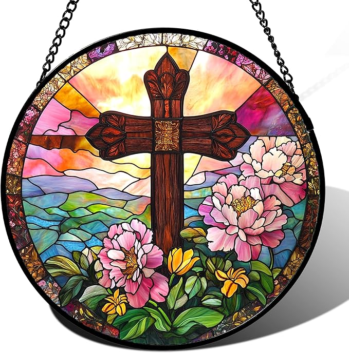 Christian Gifts for Women - Cross Stained Glass Window Hanging Jesus Easter Pink Flower Peony Sun Catcher Garden Religion Decor Mother's Day Catholic Gift for Men Grandma Mom Her Nana 11.8"