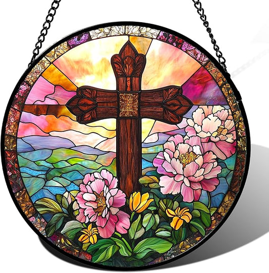 Christian Gifts for Women - Cross Stained Glass Window Hanging Jesus Easter Pink Flower Peony Sun Catcher Garden Religion Decor Mother's Day Catholic Gift for Men Grandma Mom Her Nana 11.8"