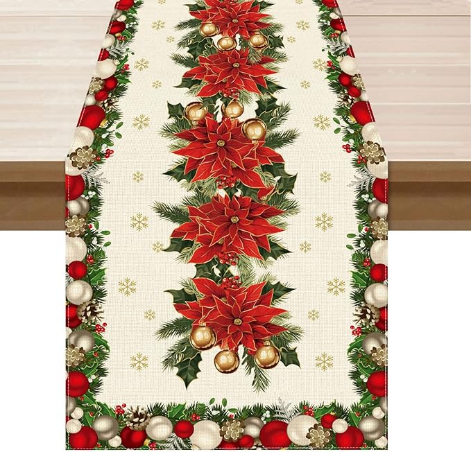 XCHI Christmas Poinsettias Leaves Bells Snowflakes Winter Xmas Table Runner Table Decoration for Home Kitchen Dining Holiday Decor 13x60 Inch