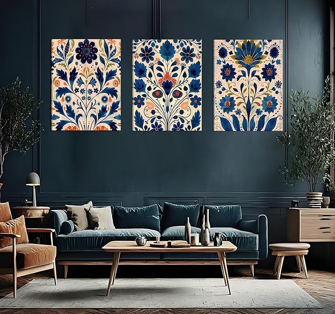 3 Pcs Blue Boho Flower Canvas Wall Art, Floral Painting Poster Wall Decor,Wildflower Botanical Picture for Wall Living Room Bathroom Bedroom Home Decoration 12*16 in (Stretched Canvas on A Wooden Frame)