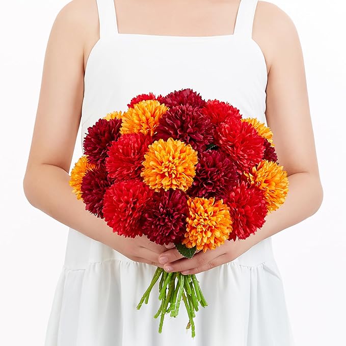 SITUMEIZI 12 Pcs Artificial Chrysanthemums Flowers Ball Flower Fake Mums Silk for Wedding Home Kitchen Decoration Floral Arrangement(Burgundy,Red,Orange)