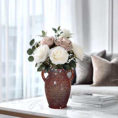 Sunddo Brown Ceramic Vase 8 Inch - Rustic Decorative Flower Vase with 2 Handles, Farmhouse Decor, Bedroom, Bathroom, Bookshelf, Mantel, Living Room Decor