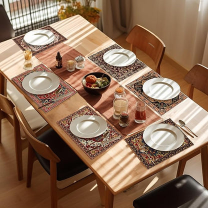 Fall Boho Carpet Placemats Set of 6, Washable Heat Resistant 12×18 Inch Linen Table Mats Orange Brown Place Mats for Party Outdoor Dining Decor