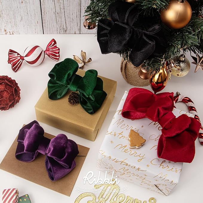 Ribbli Forest Green Velvet Wired Ribbon 1.5 Inch Velvet with Satin Christmas Ribbon for Gift Wrapping Christmas Tree Decoration Crafts Wreaths Supplies-Continuous 10 Yards