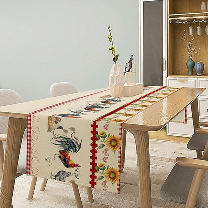 Rustic Rooster Table Runner,Vintage Country Farm Sunflower Chicken Red Plaid Print Tablecloth Burlap for Hotel Indoors Outdoor Dining Room Kitchen Home Decor,W13X L60 in