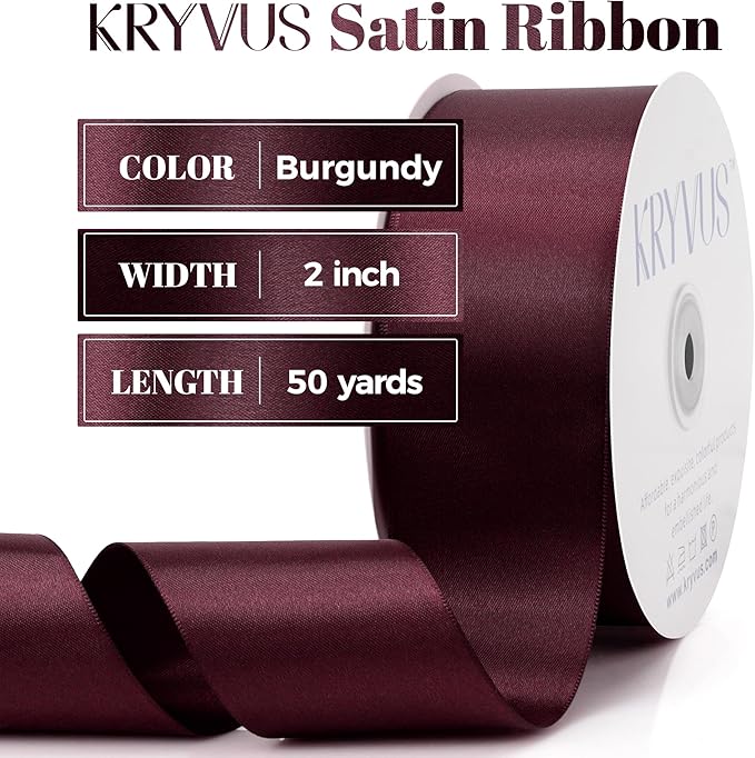 Burgundy Satin Ribbon, Double Faced 2 Inch X 50 Yards Burgundy Ribbon, Premium Satin Ribbon for Gift Wrapping, Crafts, Hair Bow Making, Sewing, Flower Bouquet, Wedding Party Decor