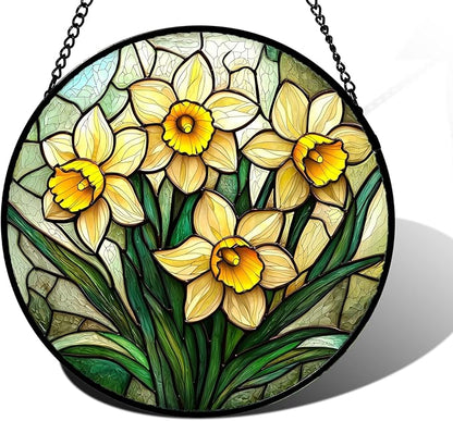 Stained Glass Window Hanging, Daffodil Plant Flowers Sun Catchers Diamond Glass Panel Hangings Suncatcher Decor for Birthday for Women, Men, Wife, Aunt, and Mom 9.8 in