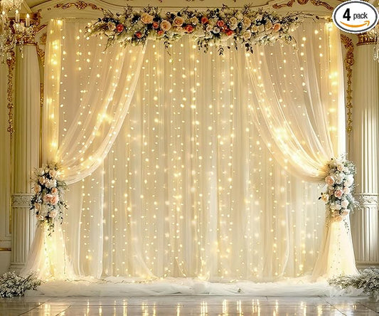 Champagne Tulle Photo Backdrop Curtain with Lights String for Parties Wedding Bridal Shower Sheer Champagne Curtain Backdrop for Birthday Baby Shower Photo Booth Photography 20ft x 8ft