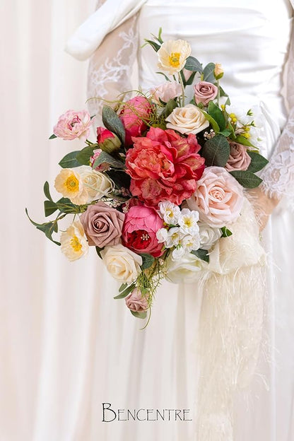 14 Inch Blush Wedding Bouquet for Bride,Spring Wedding Bouquet,hot pink Bridal Bouquets for Bride, for Wedding Ceremony Anniversary,Party and French Rustic Vintage Wedding,Artificial Flowers