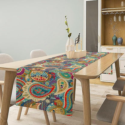 Boho Paisley Table Runner, Colorful Indian Mandala Floral Golden Aeccent Bohemian Style Table Runnner for Kitchen Dining Holiday Party Decoration, 13x36 Inch