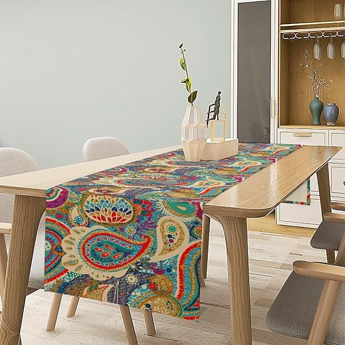 Boho Paisley Table Runner, Colorful Indian Mandala Floral Golden Aeccent Bohemian Style Table Runnner for Kitchen Dining Holiday Party Decoration, 13x90 Inch
