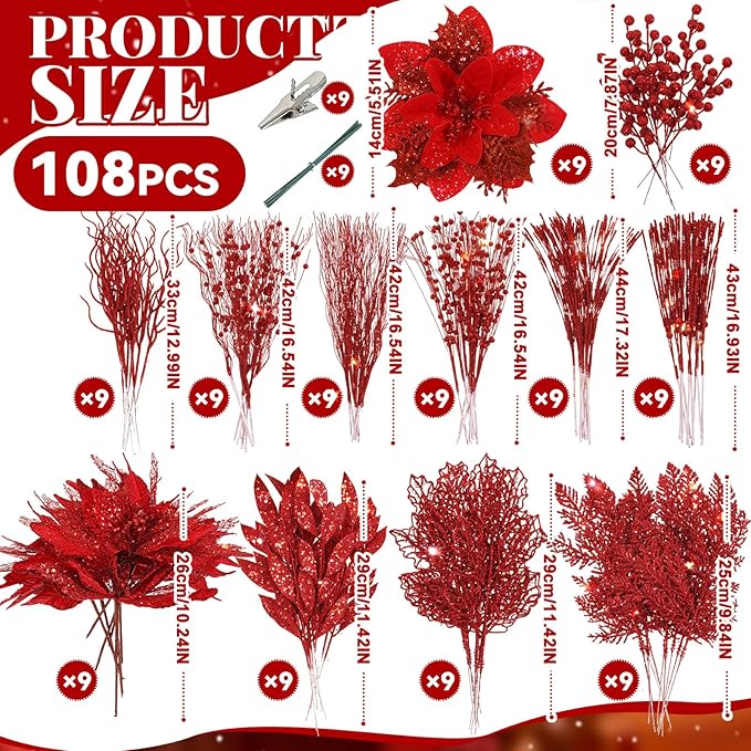 Yerliker 108 Pcs Red Glitter Christmas Picks and Sprays, 12 Styles Artificial Christmas Floral Berry Branches Flowers Stems for Xmas Tree Ornaments Wreath Garland DIY Vase Holiday Party Decor