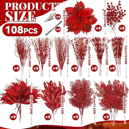 Yerliker 108 Pcs Red Glitter Christmas Picks and Sprays, 12 Styles Artificial Christmas Floral Berry Branches Flowers Stems for Xmas Tree Ornaments Wreath Garland DIY Vase Holiday Party Decor